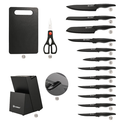 Kitchen Knife Set 15 Piece Professional Chef Knife Set with Wooden Block Non-Slip ABS Handle Cutting Board Kitchen Shears Black Coded Knives for Home Restaurant