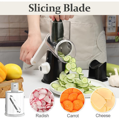 Rotary Cheese Grater with Hand Crank – 3 Interchangeable Blades for Cheese, Vegetables & Nuts, Non-Slip Suction Base, Includes Cleaning Brush – Manual Cheese Shredder for Kitchen (6 Colors)