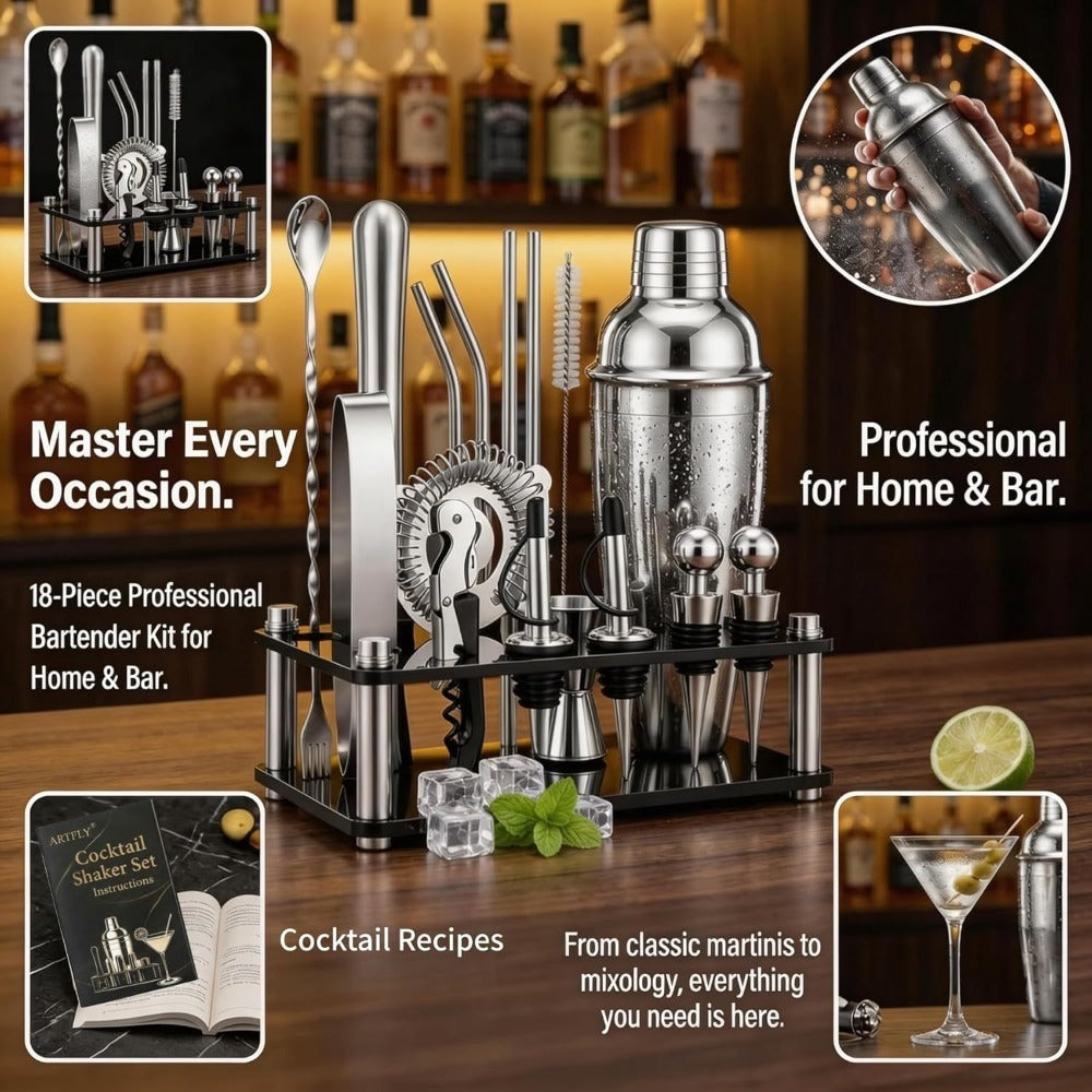 Bartender Kit 18-Piece with Acrylic Stand, 18/8 Stainless Steel Bar Set, Martini Shaker, Jigger, Muddler & Recipe Book – Complete Home Bar Tool Set