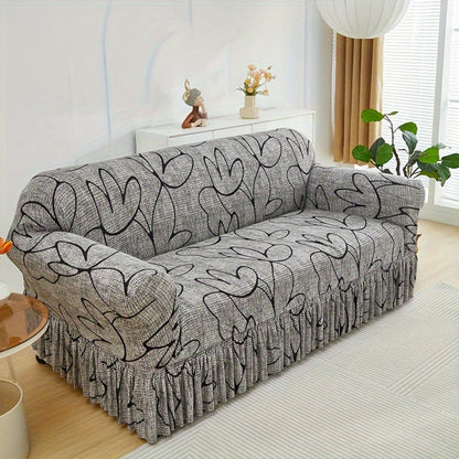Printed Sofa Cover with Skirt Elastic Four Seasons Universal Furniture Protective Slipcover for Bedroom Office Living Room - 1 2 3 4 Seater Gray