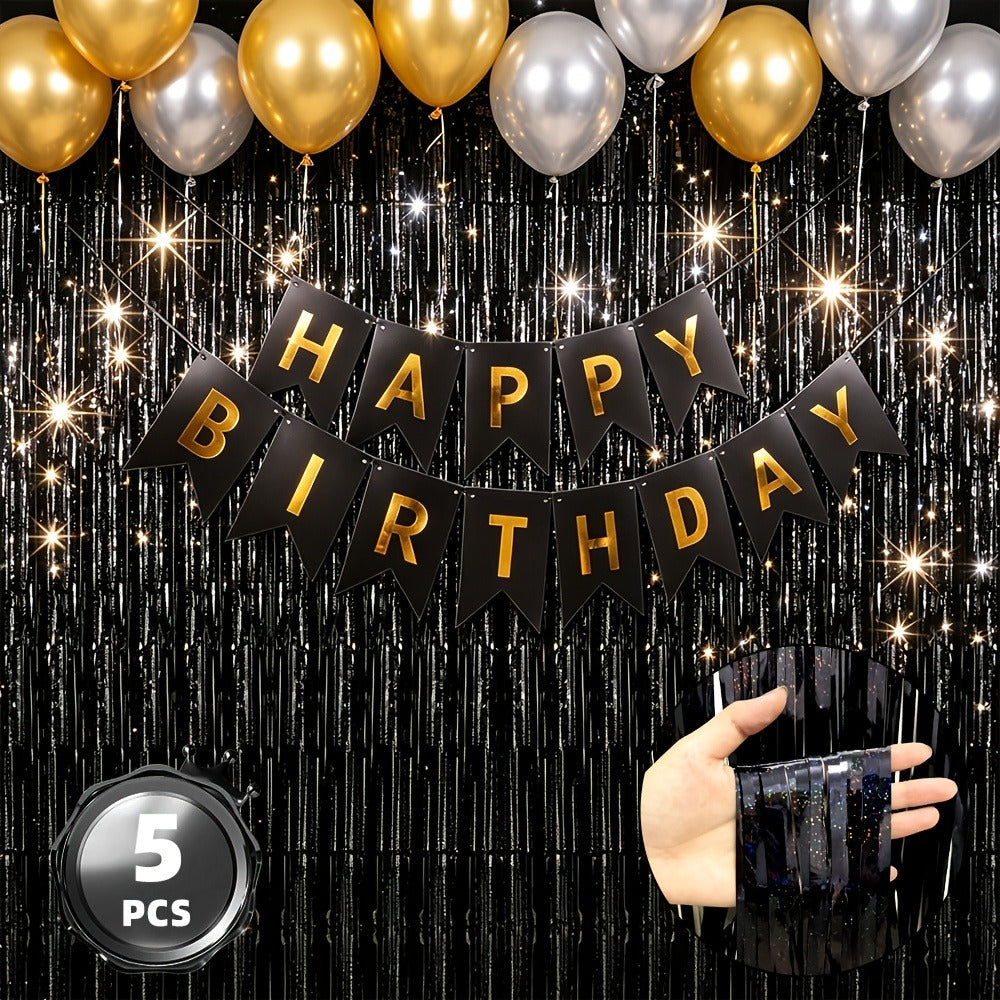 Metallic Tinsel Fringe Curtain Backdrop 5 Pack – Shimmering Foil Streamer for Birthday Party Decorations, Wedding, Bachelorette, Engagement, Halloween, Christmas Holiday Celebration Photo Prop