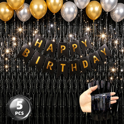 Metallic Tinsel Fringe Curtain Backdrop 5 Pack – Shimmering Foil Streamer for Birthday Party Decorations, Wedding, Bachelorette, Engagement, Halloween, Christmas Holiday Celebration Photo Prop
