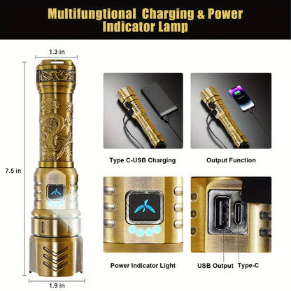 Tactical LED Flashlight 5000mAh Rechargeable Zoomable with Ignition Lens – 4 Modes High Brightness Golden Dragon Pattern Spotlight for Camping Outdoor Hiking Emergency Household Use