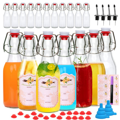 Glass Swing Top Bottles 8.45oz – Round Iron Clasp Airtight Bottle Set with Funnel for Juice, Kombucha, Syrup & Oil Storage, Reusable Flip Cap Glass Bottles (6, 9, 12 or 18 Pack)