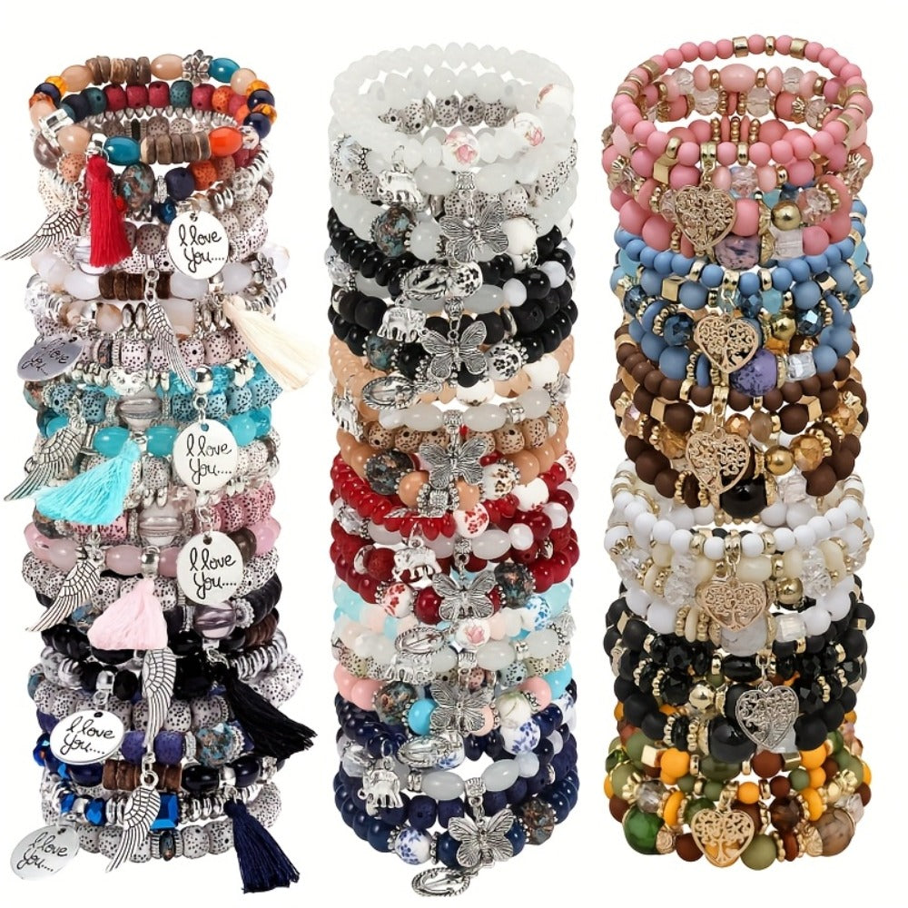 Bohemian Beaded Bracelet Set 24pcs – Multi-Layer Wooden Bead Elastic Bracelets with Butterfly Elephant Tree Pendant, Handmade Colorful Tassel Wristbands for Women Men, Party Gift & Daily Wear