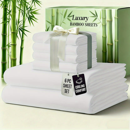 Bamboo Bed Sheet Set 6-Piece Cooling Soft Bedding with Deep Pocket Fitted Sheet - Viscose Derived from Bamboo Sheets Twin Full Queen King Size Breathable Wrinkle-Resistant Luxury Bedding Set