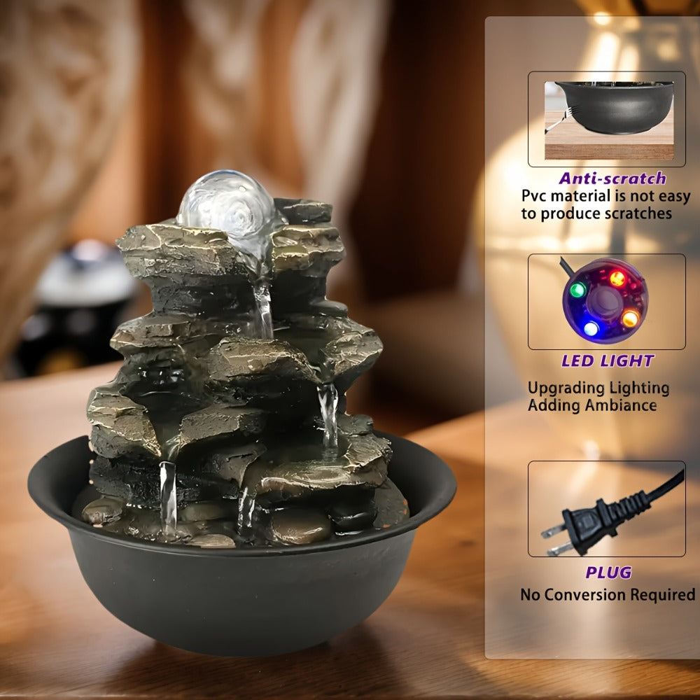 Indoor Tabletop Fountain with LED Lights – Crystal Ball Rolling Waterfall Desktop Zen Fountain Humidifier for Living Room Office Bedroom