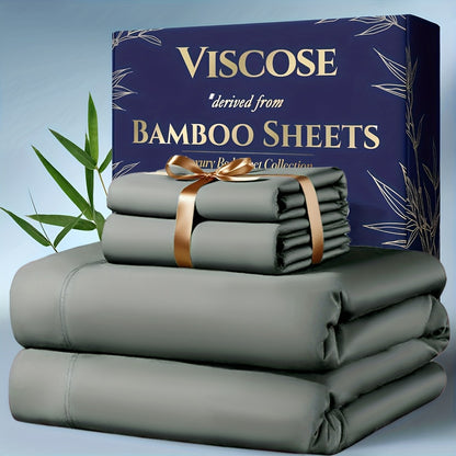 Bamboo Cooling Bedding Set 4pcs - Deep Pocket Fitted Sheet, Flat Sheet & Pillowcases for Hot Sleepers, Breathable Soft Viscose Sheets Twin Full Queen King