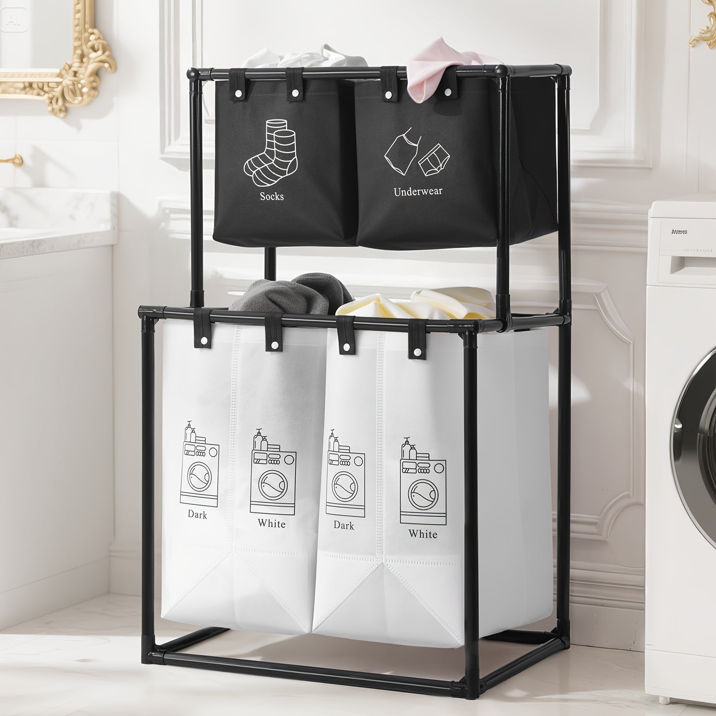 Laundry Sorter 2 Compartment Hamper – 2-Tier Metal Frame Laundry Hamper with Handles, Breathable Mesh Bags & Cable Ties – Space-Saving Clothes Organizer for Home, Bedroom & Apartment