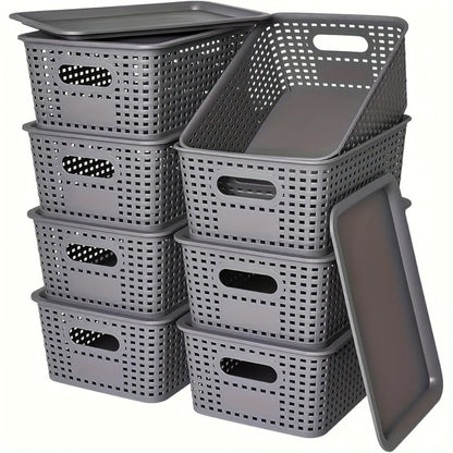 Storage Basket Set with Lids 8pcs – Plastic Desktop Organizer Bins for Document Storage, Shelf Organization & Home Office – Flip-Top Lid Baskets, White