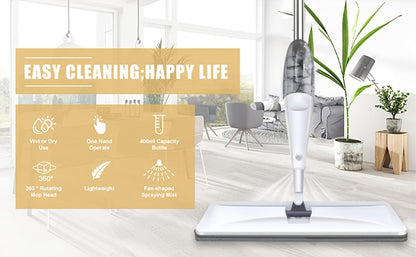 Spray Mop with 3 Washable Microfiber Carbon Fiber Pads Water Spraying Flat Mop Wet Dry Dual Use Floor Cleaning for Hardwood Laminate Tile Ceramic 4pc White