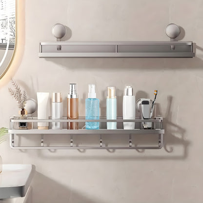 Suction Cup Shower Caddy with Towel Holder Bar, Wall-Mounted Bathroom Shelf Organizer for Shampoo Soap, Heavy-Duty Floating Shower Shelves, Strong Adhesive No Drilling