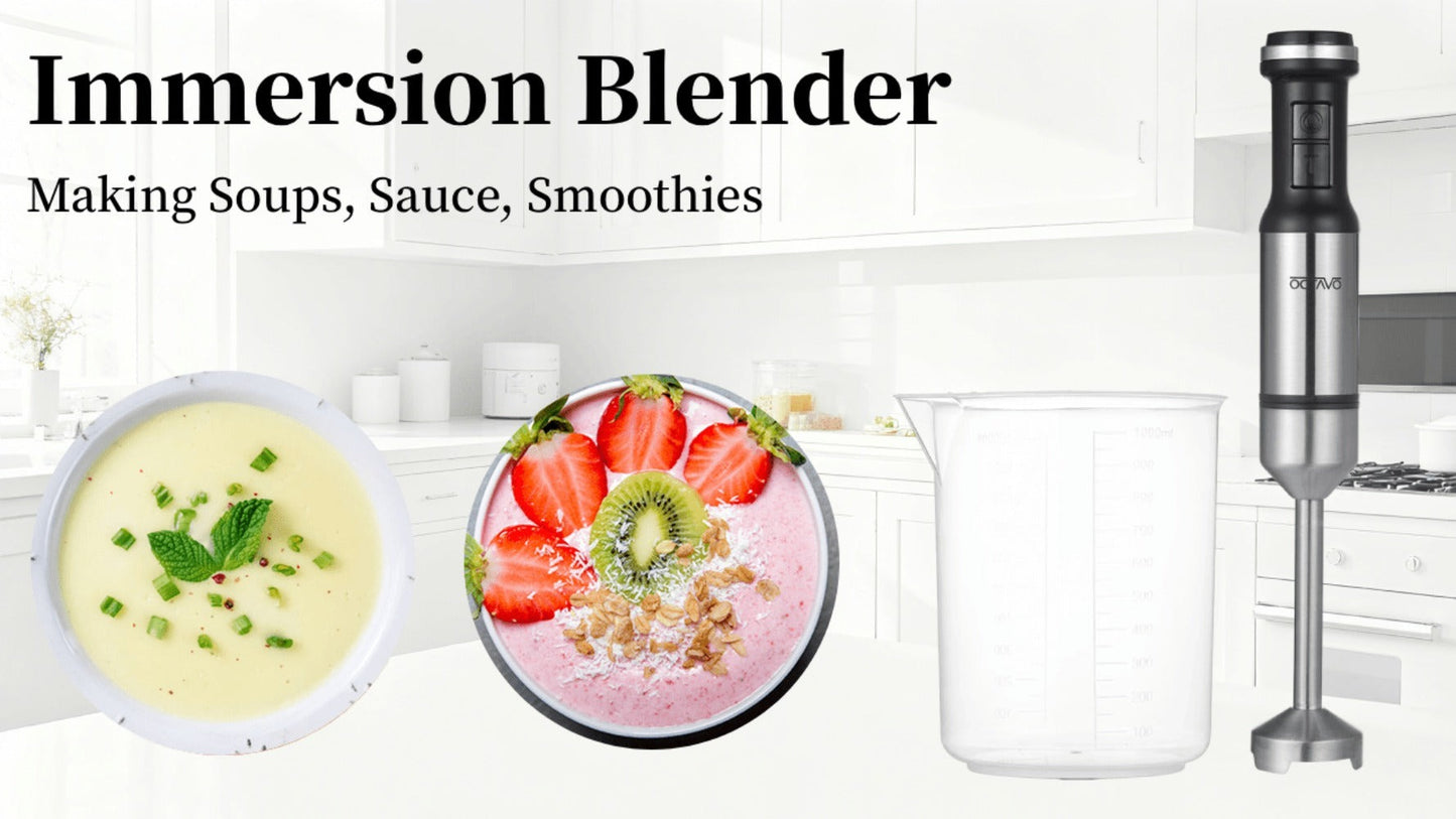 800W Immersion Hand Blender 5-in-1 Set – Stainless Steel Stick Mixer with Whisk, Frother, 1000ml Cup & 450ml Food Chopper for Smoothies, Soup & More