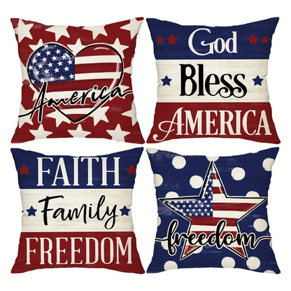 Patriotic Throw Pillow Covers 4pcs Set American Flag USA Freedom Memorial Day Decorative Cushion Covers for Sofa Living Room Outdoor Farmhouse Home Decor 18x18in Polyester No Insert