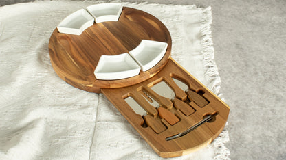 Acacia Wood Charcuterie Board Set Circular Cheese Board with Drawer Knife Set & Ceramic Bowls | Premium Serving Platter Gift Set for Housewarming Bridal Shower Wedding Birthday Women 13x13 Inch