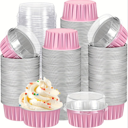 Aluminum Foil Baking Cups with Lids, Disposable Cupcake Molds with Spoons, Oven Safe Foil Dessert Cups for Pudding Muffins Mousse, Party Baking Supplies for Weddings Birthdays, 30 or 50 Sets