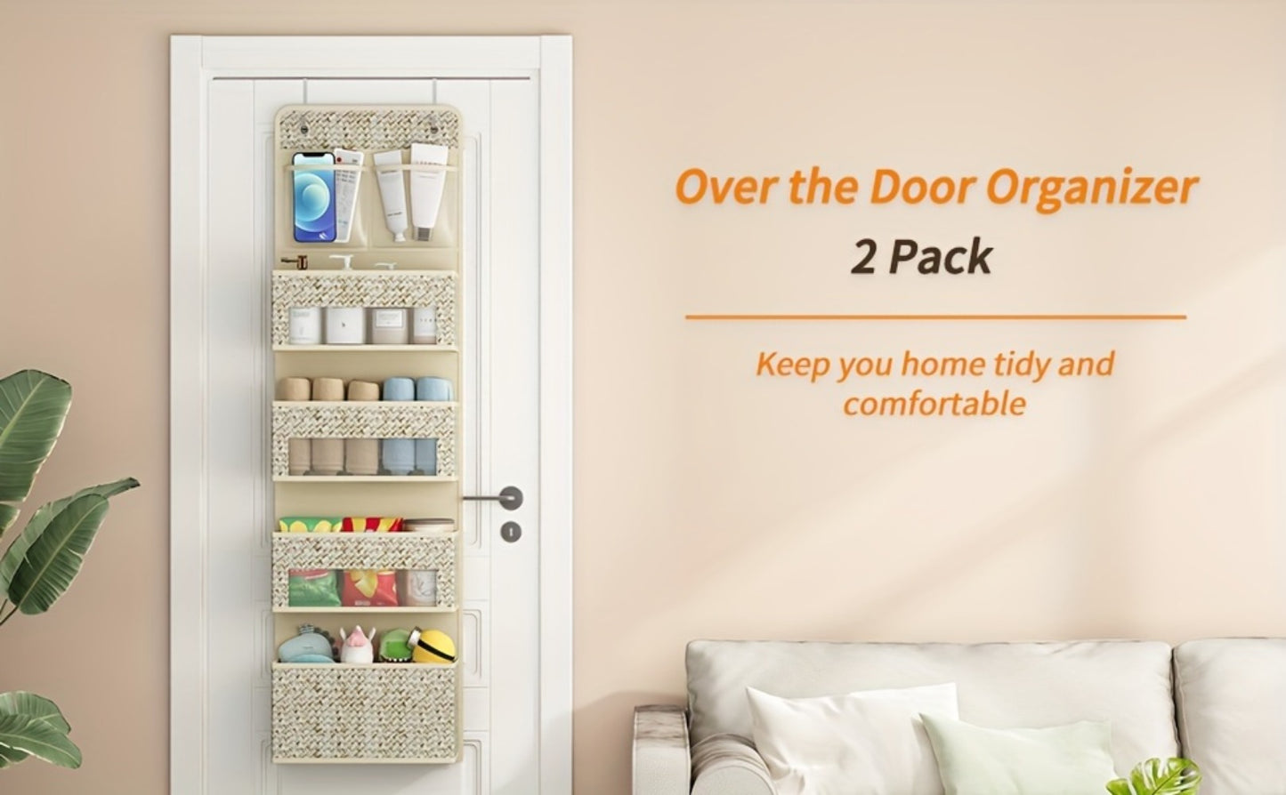 2-Pack Over-The-Door Hanging Organizer with 5 Shelves & 4 Clear Pockets – Beige Rattan Storage Rack for Closet, Bedroom & Bathroom