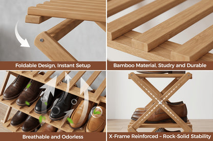 Bamboo Shoe Rack Foldable Multi-Tier – Space-Saving Shoe Storage Shelf, Easy Assembly Standalone Organizer for Entryway, Hallway, Bedroom, Bathroom & Office – 6 or 8 Tier Options