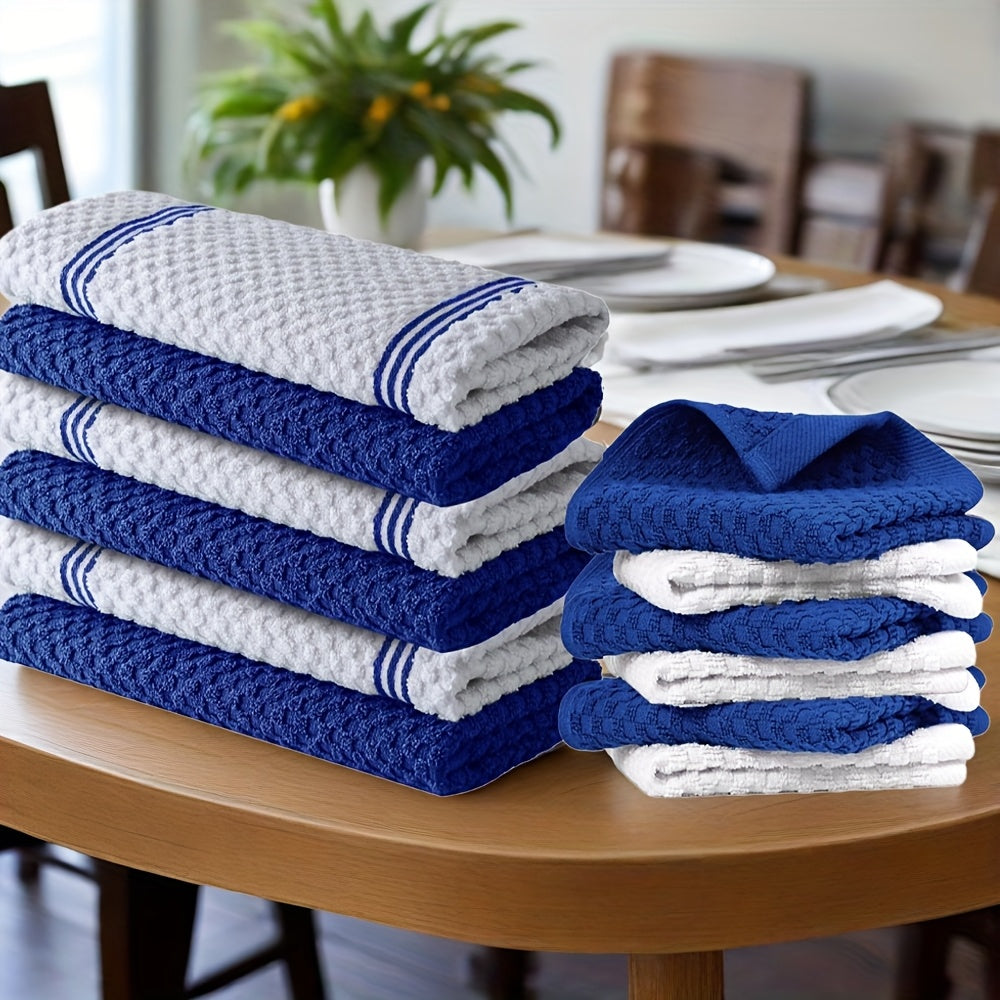 Cotton Kitchen Dish Towel Set 12pcs | 6 Hand Towels 15"x25" & 6 Wash Towels 12"x12" | Striped Weave Absorbent Durable Towels for Cooking Cleaning Drying