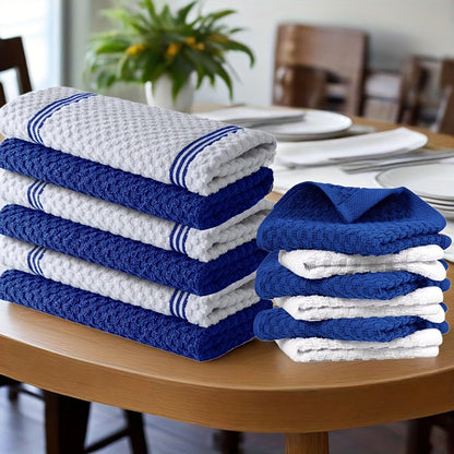 Cotton Kitchen Dish Towel Set 12pcs | 6 Hand Towels 15"x25" & 6 Wash Towels 12"x12" | Striped Weave Absorbent Durable Towels for Cooking Cleaning Drying