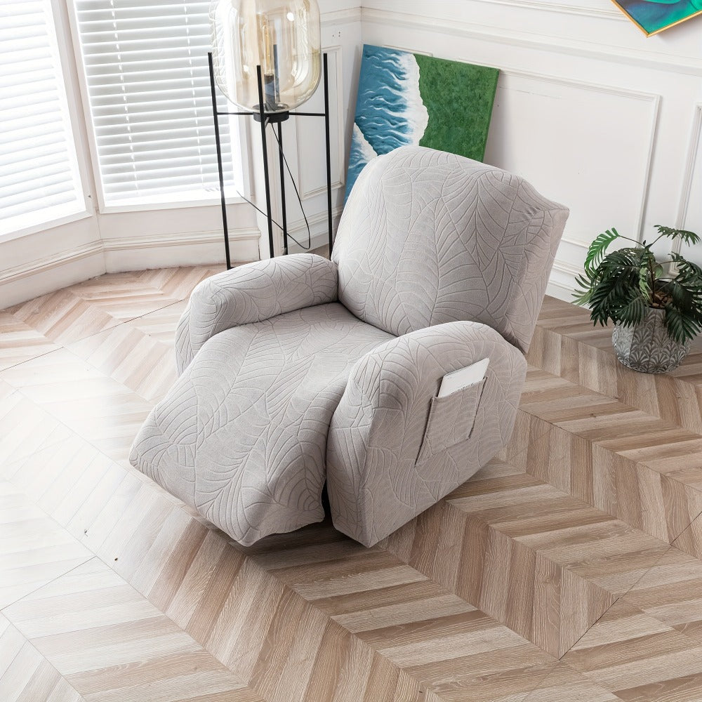 Recliner Chair Cover Slipcover 4-Piece Set – Leaf Jacquard Stretch Furniture Protector with Storage Pocket, Non-Slip Recliner Sofa Cover for Living Room, Machine Washable, 6 Colors Available