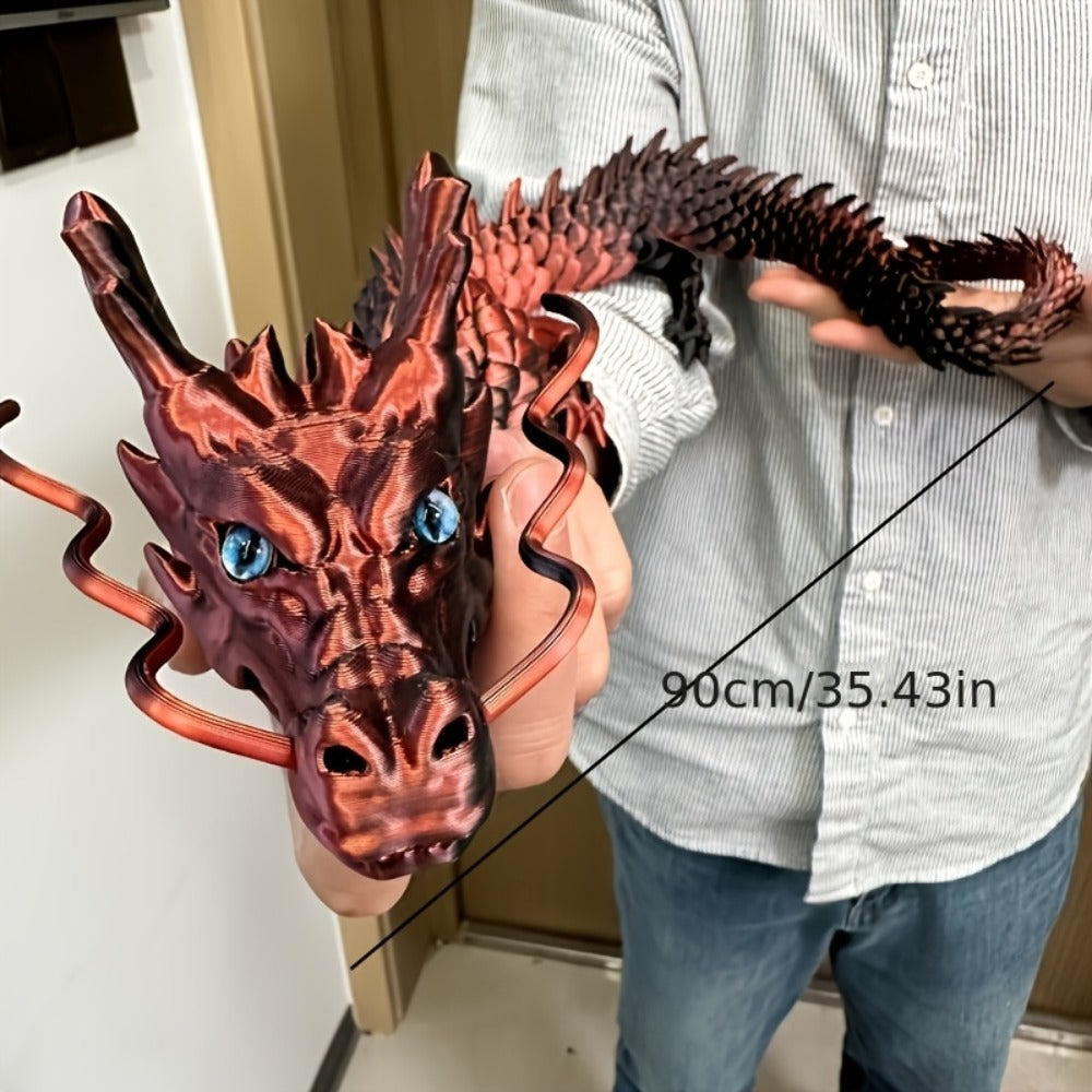 3D Printed Chinese Dragon Figurine 35.4" Poseable Articulated Joints Flexible Desk Sculpture Home Office Decor Collectible Gift