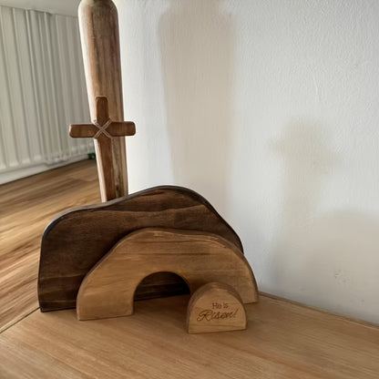 Easter Cross Decoration Wood He Is Risen Wooden Tomb Easter Resurrection Scene for Tray, Tabletop & Shelf – Religious Nativity Decor for Home & Office