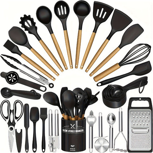 Silicone Kitchen Utensils Set 45pcs – Cooking Utensils for Nonstick Cookware, Stainless Steel Handle Spatulas, Heat Resistant Kitchen Gadgets & Tools, Pots and Pans Accessories, Black