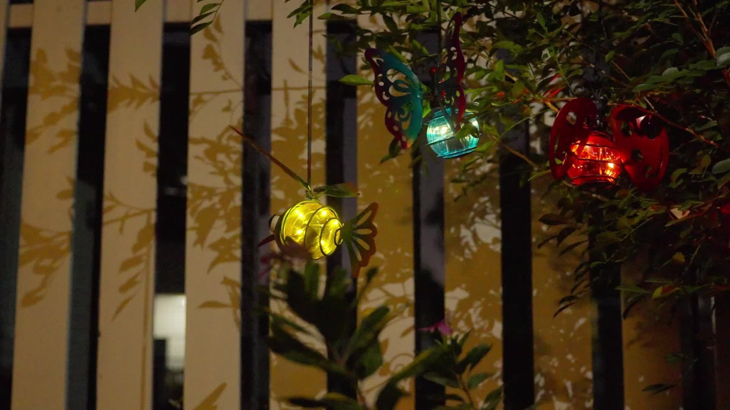 Solar Hanging Ornament Lights Ladybug & Butterfly – Waterproof Indoor Outdoor Decorative Garden Light with Spring Clips for Patio, Balcony, Porch & Trail, 5.5x2.5in
