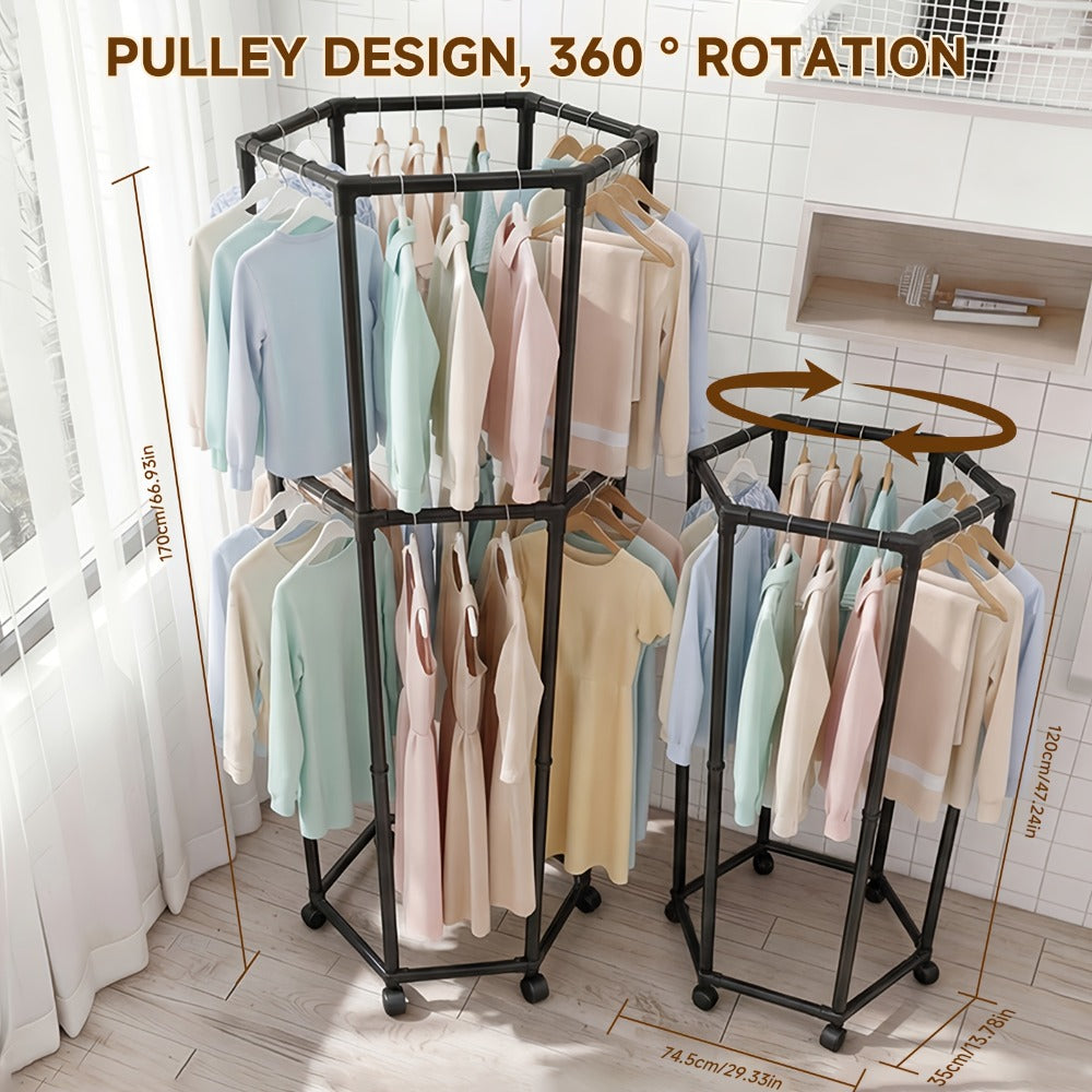 Rolling Hexagon Clothes Drying Rack 1 or 2 Layer – Sturdy Metal Floor Stand with Wheels, Multi-Bar & 10 Clips, Portable Laundry Rack for Bedroom, Balcony & Dorm