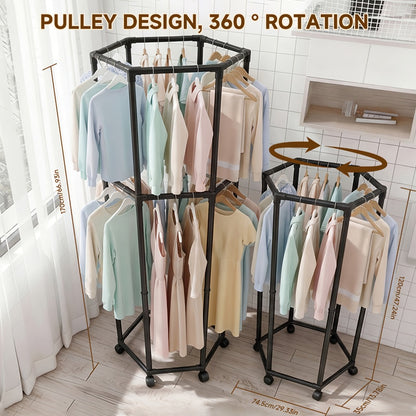 Rolling Hexagon Clothes Drying Rack 1 or 2 Layer – Sturdy Metal Floor Stand with Wheels, Multi-Bar & 10 Clips, Portable Laundry Rack for Bedroom, Balcony & Dorm