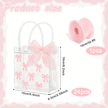 Clear PVC Gift Bags 24pcs with Pink Bow & Ribbon | Party Favor Bags for Wedding Birthday Baby Shower Christmas