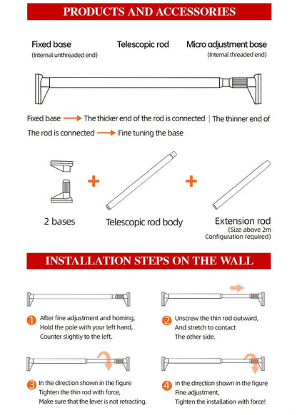 Telescopic Curtain Rod No Drill 15.75"-196.85" Adjustable Shower Curtain Rod 33mm for Large Windows