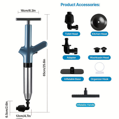 Toilet Plunger Set High Pressure Air Drain Unclogger - Stainless Steel Toilet Snake & Air Discharge Impactor for Clogged Toilet, Kitchen Sink, Bathroom Drain & Pipe Blockage Removal