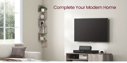 Corner Floating Shelf 5-Tier Wall Mount, Space Saving Storage Rack for Bedroom Living Room, Radial Display Organizer, Easy Install, 7.9"×7.9"×49.6", Black White Brown Greige Beige