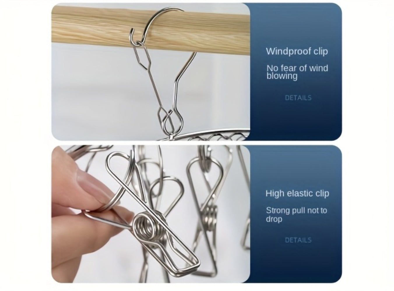 Clothes Drying Rack with Clips Stainless Steel Laundry Hanger Windproof Skidproof Multi-Clip Sock Underwear Dryer for Home Bedroom Balcony – 30/40/50 Clips