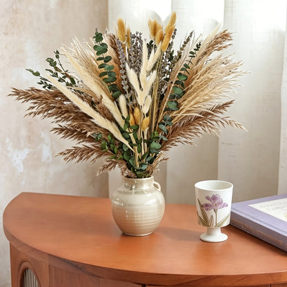 Boho Pampas Grass Dried Flower Arrangement – Lavender Eucalyptus Bouquet with Gemstone Accents for Home Decor, Rustic Wedding Centerpiece & Bohemian Bedroom Vase Filler