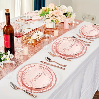 Birthday Party Plates and Napkins Set 175pcs Pink Rose Gold Disposable Tableware Forks Knives Spoons Serves 25 Guests Girl Birthday Party Supplies