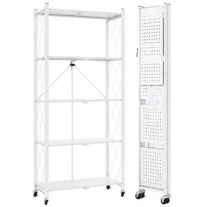 Storage Rack 3-5 Tier Foldable Shelving Unit with Wheels - Portable Multi-Layer Floor Standing Utility Shelf Organizer for Bedroom Closet Kitchen Office Black White