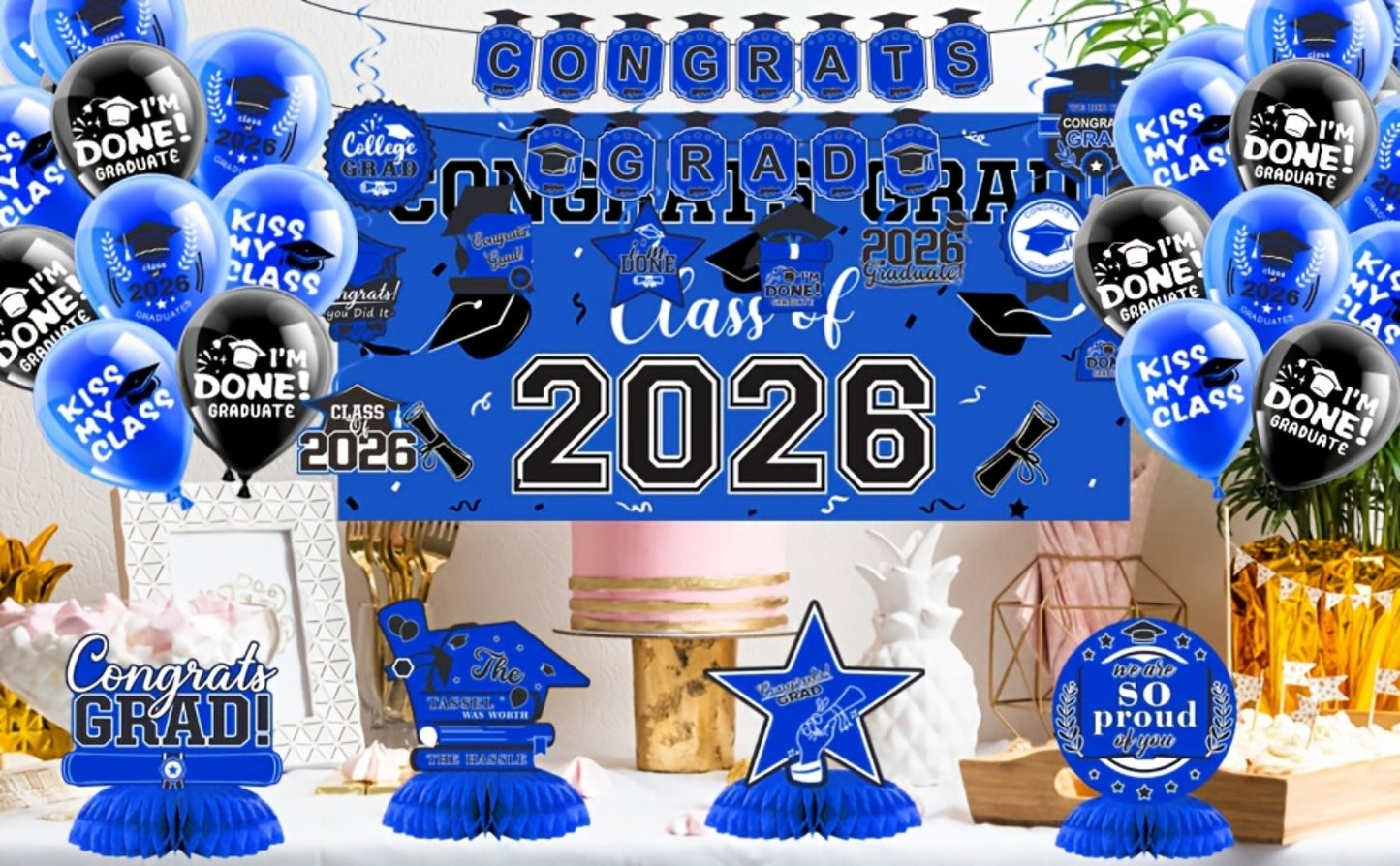 2026 Graduation Decorations Set – Congrats Grad Banner, Backdrop, Hanging Swirls & Honeycomb Table Toppers, Class of 2026 Party Supplies Kit