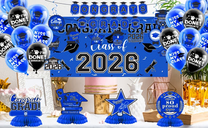 2026 Graduation Decorations Set – Congrats Grad Banner, Backdrop, Hanging Swirls & Honeycomb Table Toppers, Class of 2026 Party Supplies Kit