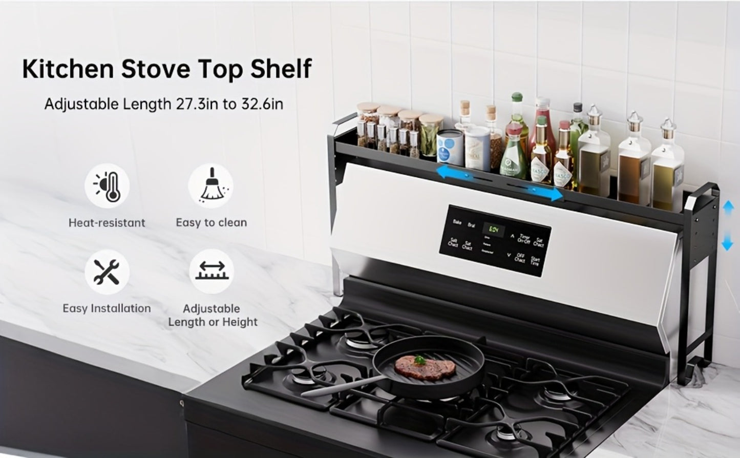 Stove Shelf Spice Rack Organizer – Expandable Adjustable Height Kitchen Storage Rack for Back of Stove, Over Sink, Counter Top Organization
