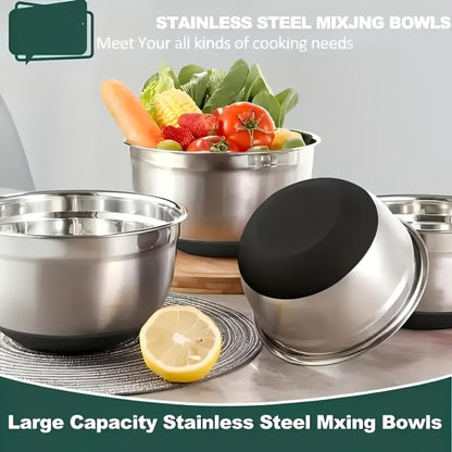 Stainless Steel Mixing Bowls with Airtight Lids 26pcs Set, 3 Grater Attachments, Non-Slip Bottoms, 7Qt 4Qt 2.5Qt 2Qt 1.5Qt 1Qt, Nesting Bowls for Mixing Serving Salad Baking