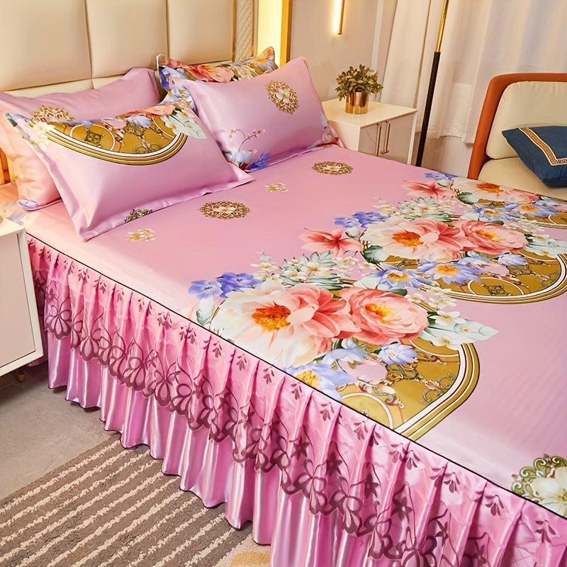 Floral Ruffle Bed Skirt Cool Mat 3 Piece Set with Pillowcase, Double Layer 360° Full Wrap Washable Cooling Mattress Cover, Breathable Summer Bedding Set for Twin Full Queen King, Parisian Romantic Floral