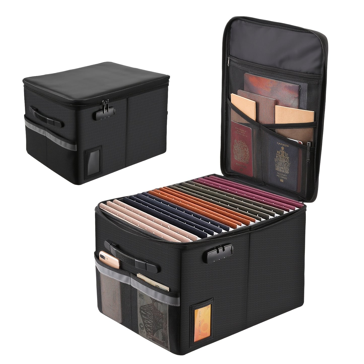 Fireproof File Box with Combination Lock - Collapsible Fireproof Document Organizer Filing Cabinet with Handle for Letter Legal Size Folders Certificates Home Office