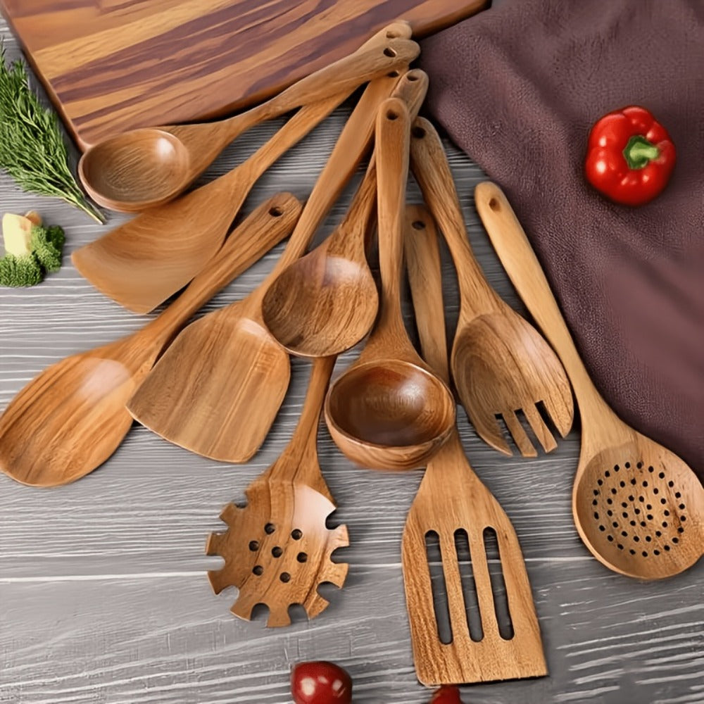 Wooden Kitchen Utensils Set – Natural Wood Spoon Spatula & Wok Spatula with Ergonomic Handle, Heat-Resistant Non-Stick Safe Cooking Tools, Easy to Clean Durable Kitchen Essentials (5 / 6 / 10 Piece Sets)