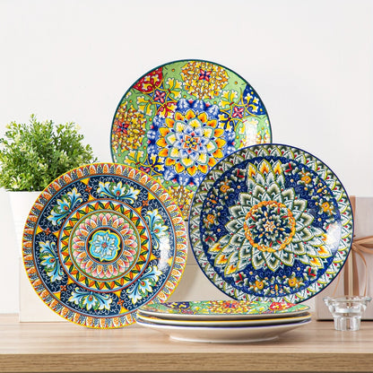Bohemian Dinner Plates Set of 6 – 10.5 Inch Colorful Stoneware Plate Set Microwave Dishwasher Safe Scratch Resistant Porcelain Dinnerware for Home Restaurant Cafe Boho Kitchen Decor Gift