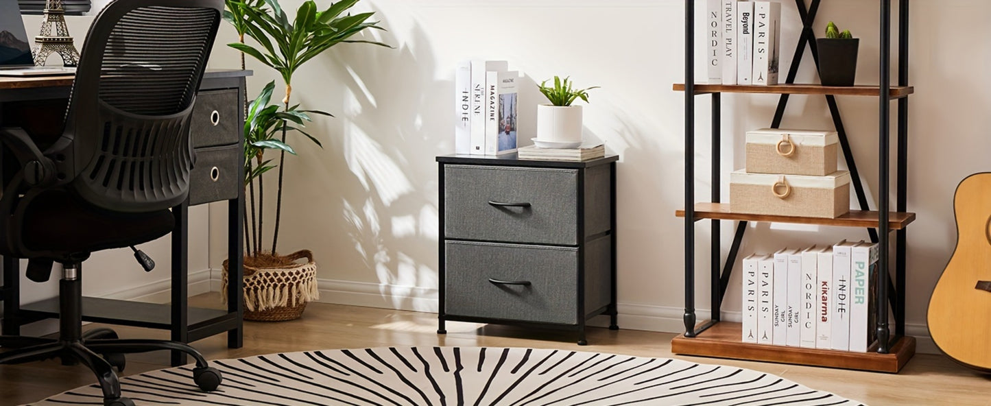 Nightstand with 2 Storage Drawers, 20" Bedside Table with Wooden Top & Fabric Cabinet, Steel Frame Mini Dresser for Bedroom, Dorm, Living Room – 1pc or Set of 2pcs, Black White Grey Rustic Brown