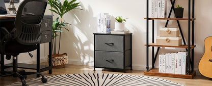 Nightstand with 2 Storage Drawers, 20" Bedside Table with Wooden Top & Fabric Cabinet, Steel Frame Mini Dresser for Bedroom, Dorm, Living Room – 1pc or Set of 2pcs, Black White Grey Rustic Brown