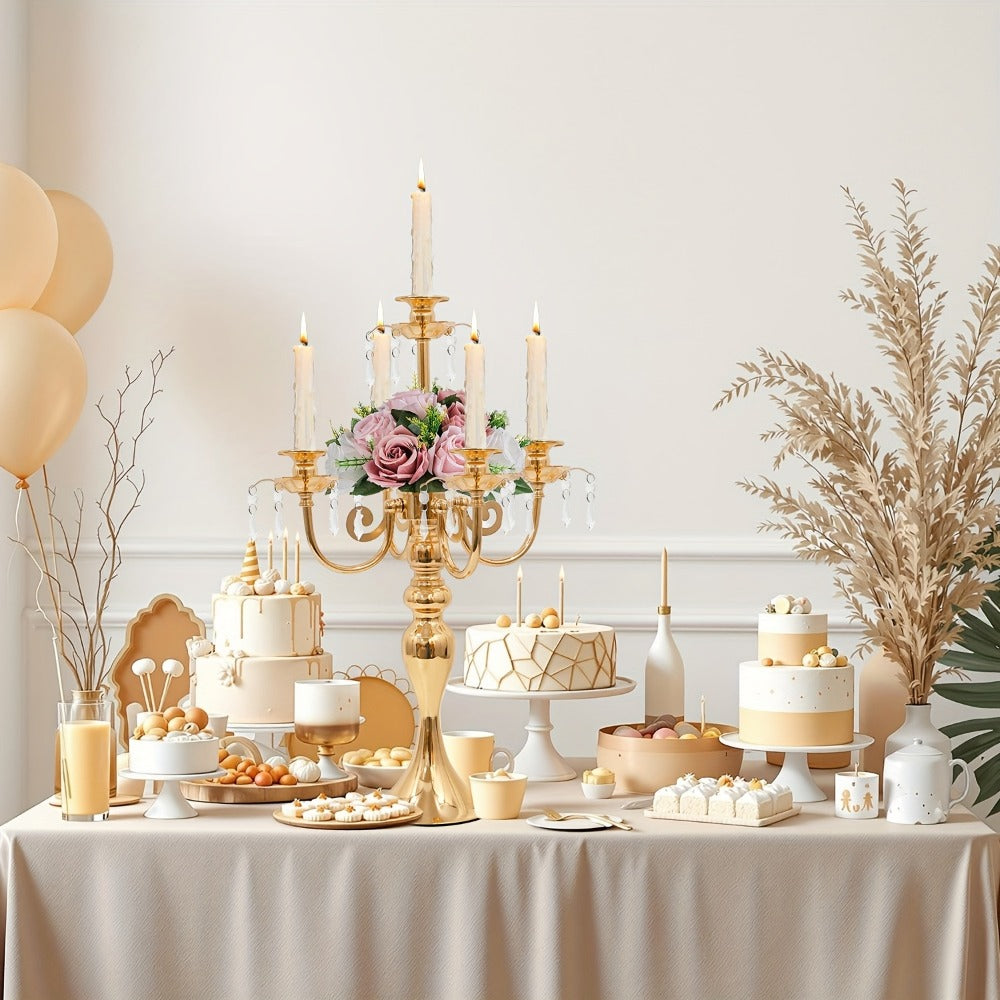 Metal Candelabra Centerpiece 2 Pack – 5-Arm Golden Taper Candle Holder Stand 20.3" Tall for Wedding Table Decor, Party, Church, Dining Room, Christmas & Halloween Vintage Event Decoration